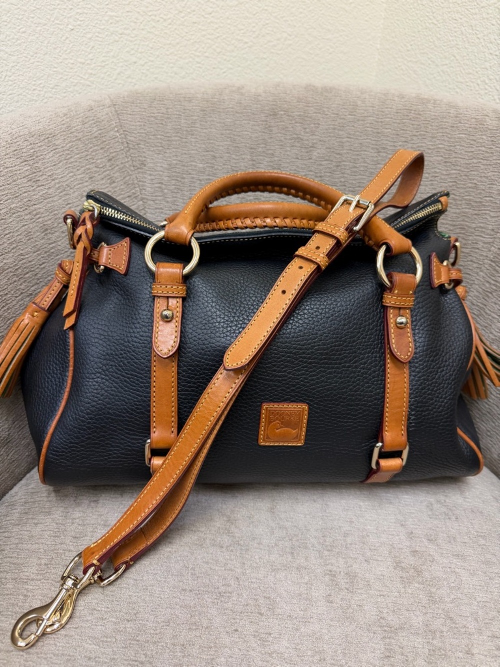 Dooney & Bourke Black Pebbled Leather Florentine with Tan Trim and Strap